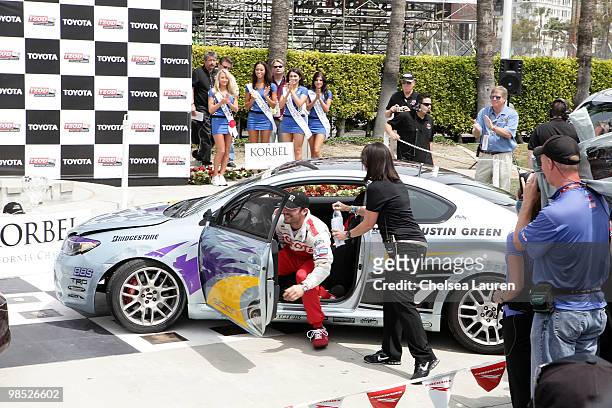 Actor Brian Austin Green pulls into the winner's circle at the Toyota Grand Prix Pro / Celebrity Race Day on April 17, 2010 in Long Beach, California.