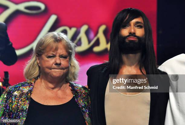 Marianne Mendt and Conchita pose on stage during the 'Best of Austria meets Classic' Concert at Wiener Stadthalle on June 21, 2018 in Vienna,...