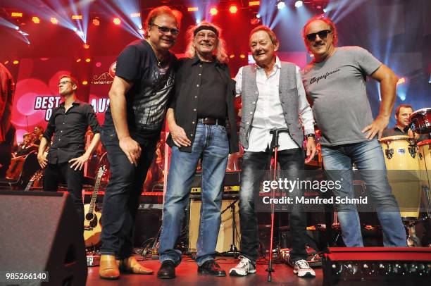 Ewald Sunny Pfleger, Schiffkowitz, Wolfgang Ambros and Herwig Ruedisser pose on stage during the 'Best of Austria meets Classic' Concert at Wiener...