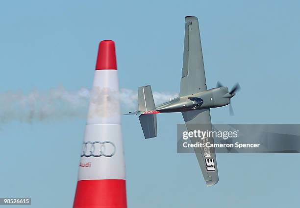 Yoshihide Muroya of Japan in action during the Red Bull Air Race Day on April 18, 2010 in Perth, Australia.