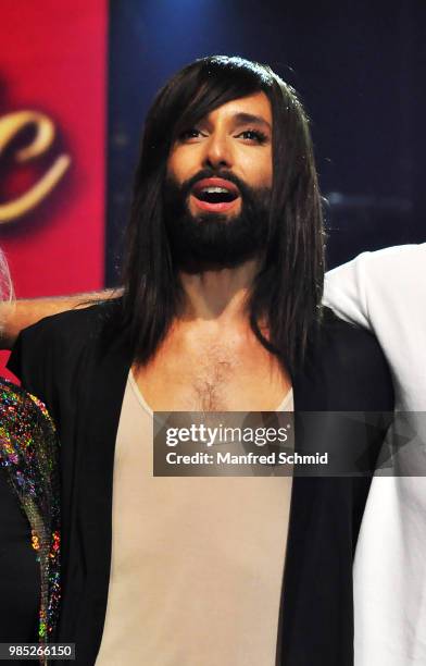 Conchita poses on stage during the 'Best of Austria meets Classic' Concert at Wiener Stadthalle on June 21, 2018 in Vienna, Austria. On the occasion...