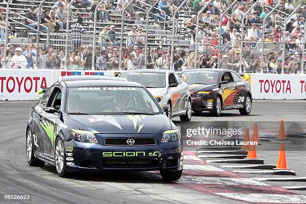 Actor / comedian Adam Carolla races at the Toyota Grand Prix Pro / Celebrity Race Day on April 17, 2010 in Long Beach, California.