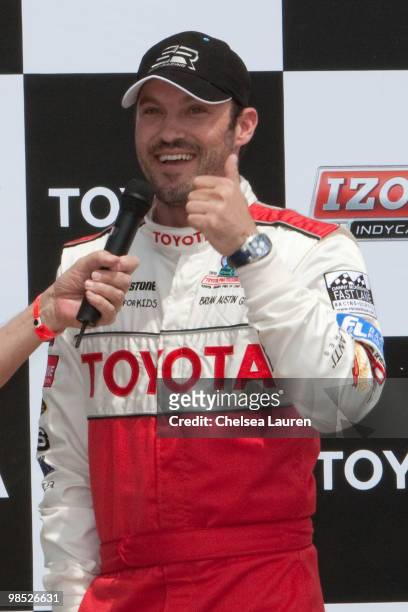 Actor Brian Austin Green in the winner's circle at the Toyota Grand Prix Pro / Celebrity Race Day on April 17, 2010 in Long Beach, California.