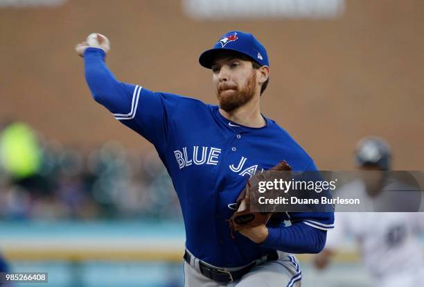 Danny Barnes of the Toronto Blue Jays pitches against the Detroit Tigers at Comerica Park on June 1, 2018 in Detroit, Michigan.