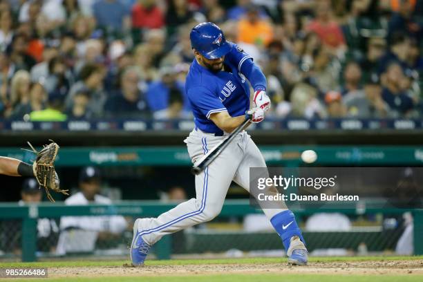 Devon Travis of Toronto Blue Jays bats against the Detroit Tigers at Comerica Park on June 1, 2018 in Detroit, Michigan.