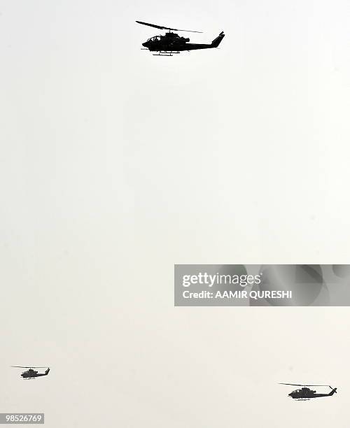 Pakistani Army AH-1 Cobra attack helicopters take part in a military exercise in Bahawalpur on April 18, 2010. The "Azm-e-Nau-3" military exercise,...
