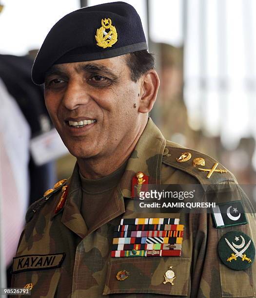 Pakistani Army Chief General Ashfaq Kayani arrives to watch the military exercise in Bahawalpur on April 18, 2010. The "Azm-e-Nau-3" military...