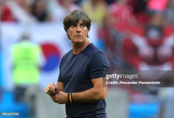 Joachim Loew, Manager of Germany looks dejected following his sides defeat in the 2018 FIFA World Cup Russia group F match between Korea Republic and...