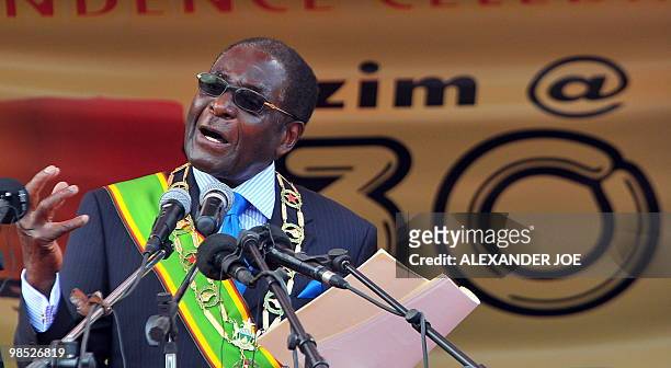 Zimbabwean President Robert Mugabe addresses the nation as Zimbabwe celebrates 30 years of independence from Britain, in Harare on April 18, 2010....