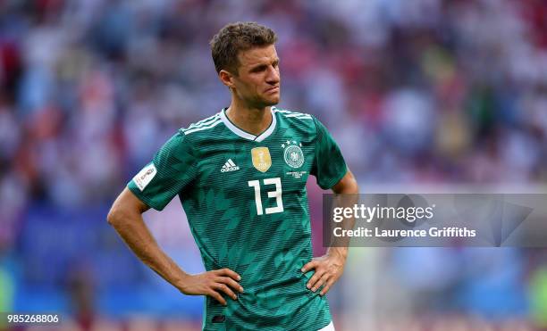 Thomas Mueller of Germany looks dejected following his sides defeat in the 2018 FIFA World Cup Russia group F match between Korea Republic and...