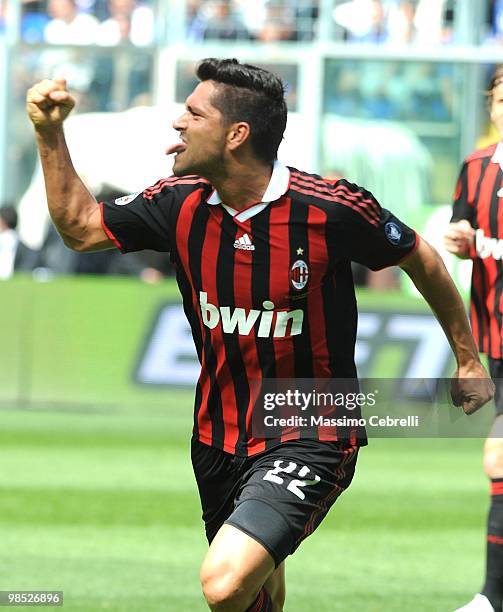 Marco Borriello of AC Milan celebrates after scoring Milan's opening goal during the Serie A match between UC Sampdoria and AC Milan at Stadio Luigi...