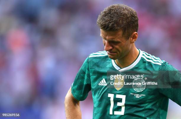 Thomas Mueller of Germany looks dejected following his sides defeat in the 2018 FIFA World Cup Russia group F match between Korea Republic and...