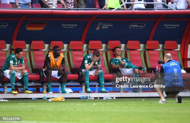 Germany players look dejected following their sides defeat in the 2018 FIFA World Cup Russia group F match between Korea Republic and Germany at...