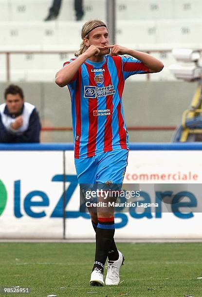 Maxi Lopez of Catania Calcio celebrates soring the opening goal during the Serie A match between Catania Calcio and AC Siena at Stadio Angelo...