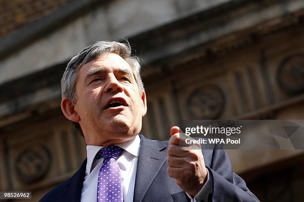 British Prime Minister Gordon Brown speaks to the congregation outside Wesley's Chapel during his campaign tour on April 18, 2010 in London, England....