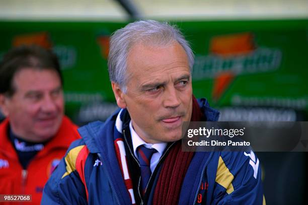 Head coach of Bologna Franco Colomba looks on during the Serie A match between Udinese Calcio and Bologna FC at Stadio Friuli on April 18, 2010 in...