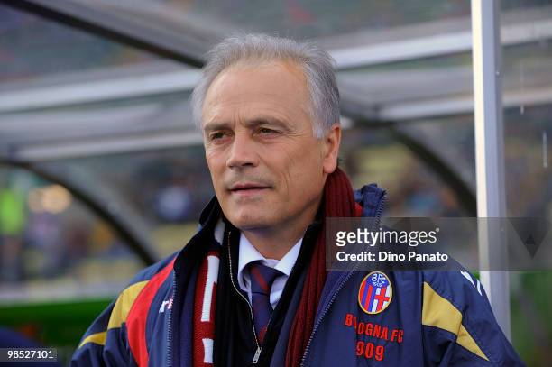 Head coach of Bologna Franco Colomba looks on during the Serie A match between Udinese Calcio and Bologna FC at Stadio Friuli on April 18, 2010 in...