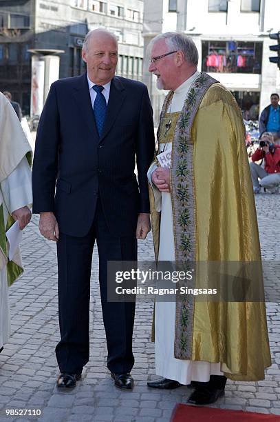 King Harald V of Norway and bishop Ole Christian Kvarme attend the reopening of Oslo Cathedral, which has been closed for renovation since 2006 on...