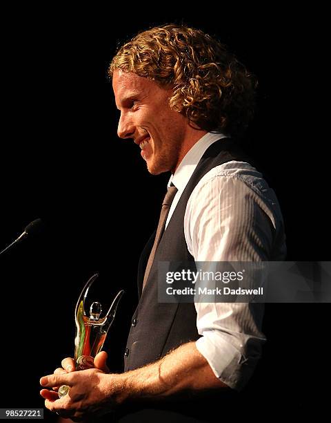 Steve Hooker addresses the gathering after being announced the Male Athlete of the Year at the Athletics Australia Athlete of the Year Awards at the...