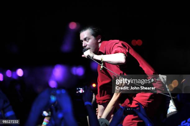 Musician Mike Patton of Faith No More performs during Day 2 of the Coachella Valley Music & Art Festival 2010 held at the Empire Polo Club on April...