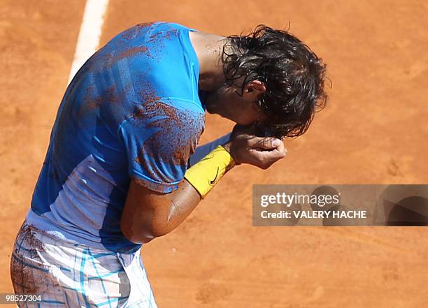 Spanish Rafael Nadal jubilates after winning against his compatriot Fernando Verdasco during the Monte-Carlo ATP Masters Series final tennis...