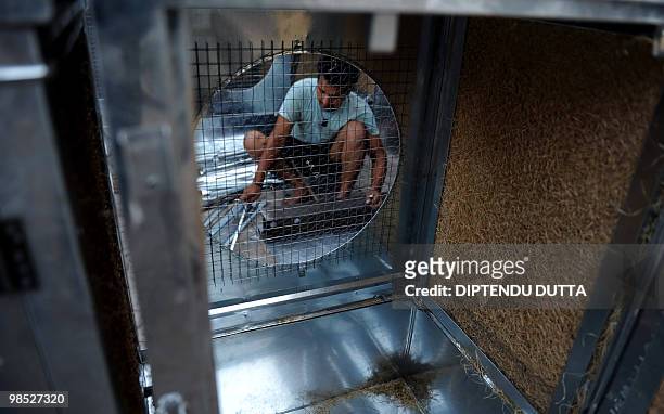 An Indian worker makes coolers in Allahabad on April 18, 2010. The coolers use a fan to filter air through wet straw and are used as a low-energy air...