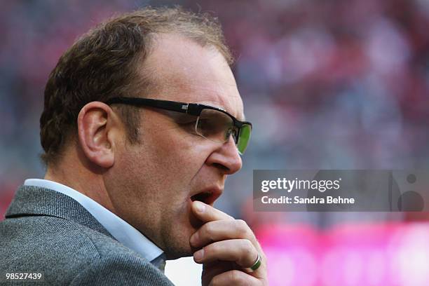Sport director Joerg Schmadtke of Hannover during the Bundesliga match between FC Bayern Muenchen and Hannover 96 at Allianz Arena on April 17 in...