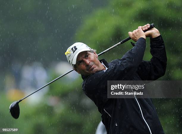 Fred Couples hits from the third tee box during the final round of the Outback Steakhouse Pro-Am at TPC Tampa Bay on April 18, 2010 in Lutz, Florida.