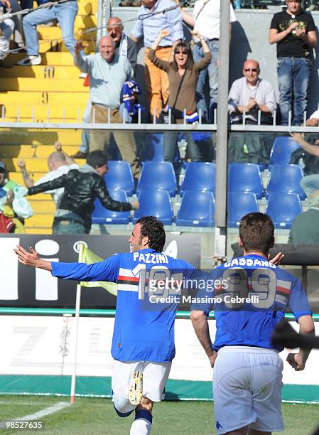 Giampaolo Pazzini of UC Sampdoria celebrates his team's second goal with team mate Antonio Cassano during the Serie A match between UC Sampdoria and...