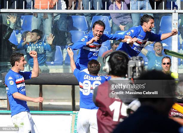 Players of UC Sampdoria celebrate their team second goal scored by Giampaolo Pazzini during the Serie A match between UC Sampdoria and AC Milan at...