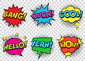 Retro comic speech bubbles set on transparent background. Expression text BANG, COOL, OUCH, HELLO, YEAH, WOW.