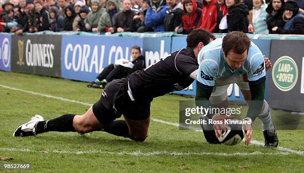 Johne Murphy of Leicester goes over for a try during the Guinness Premiership match between Newcstle Falcons and Leicester Tigers at Kingston Park on...