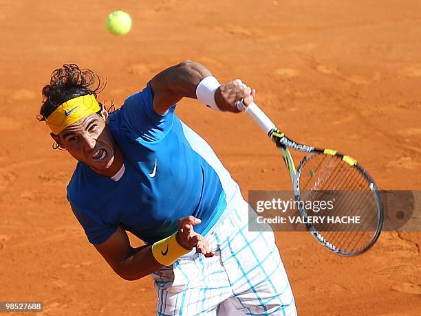 Spain's Rafael Nadal hits a return to his compatriot Fernando Verdasco during the Monte-Carlo ATP Masters Series Tournament tennis match final, on...