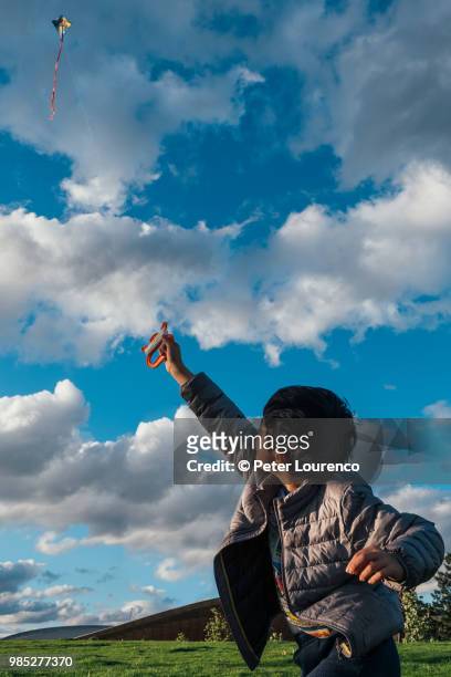 a young boy flying a kite - peter lourenco stock-fotos und bilder