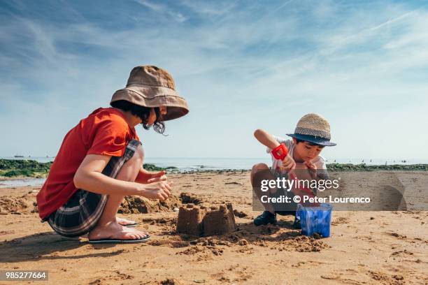 building a sandcastle - peter lourenco stockfoto's en -beelden