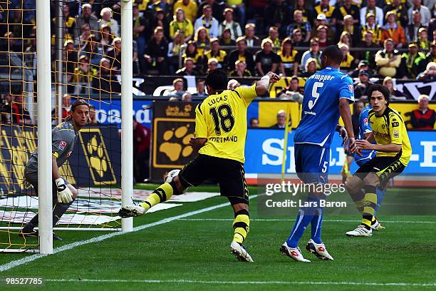 Lucas Barrios of Dortmund scores a goal from a offside position during the Bundesliga match between Borussia Dortmund and 1899 Hoffenheim at Signal...