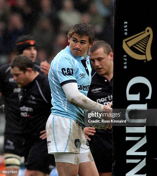 Toby Flood of Leicester looks back at the crowd after scoring a try against his former club during the Guinness Premiership match between Newcstle...