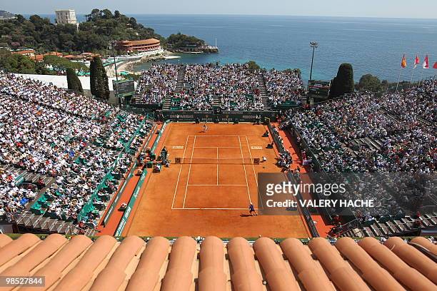 View taken during the Monte-Carlo ATP Masters Series Tournament tennis match final opposing Spain's Fernando Verdasco to his compatriot Rafael Nadal...