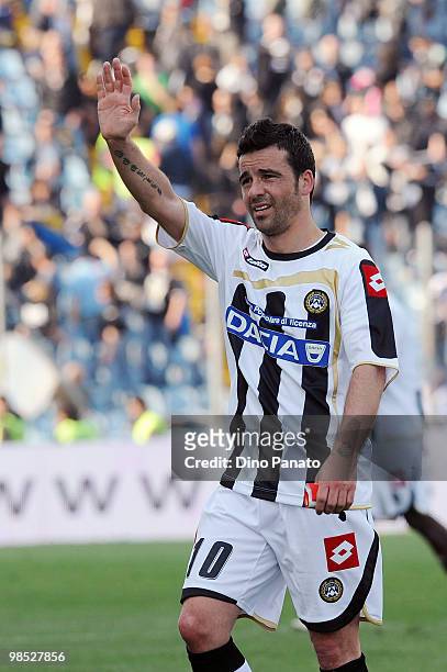 Antonio Di Natale of Udinese celebrates after scoring his team's first goal during the Serie A match between Udinese Calcio and Bologna FC at Stadio...