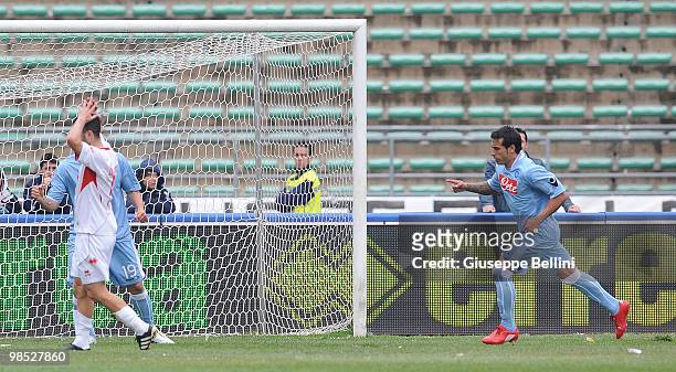 Ezequiel Lavezzi of Napoli celebrates the second goal during the Serie A match between AS Bari and SSC Napoli at Stadio San Nicola on April 18, 2010...