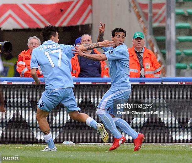 Ezequiel Lavezzi of Napoli celebrates after scoring the second goal during the Serie A match between AS Bari and SSC Napoli at Stadio San Nicola on...