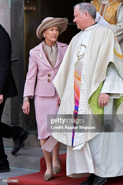 Queen Sonja of Norway and dean Olav Dag Hauge attend the reopening of Oslo Cathedral, which has been closed for renovation since 2006 on April 18,...