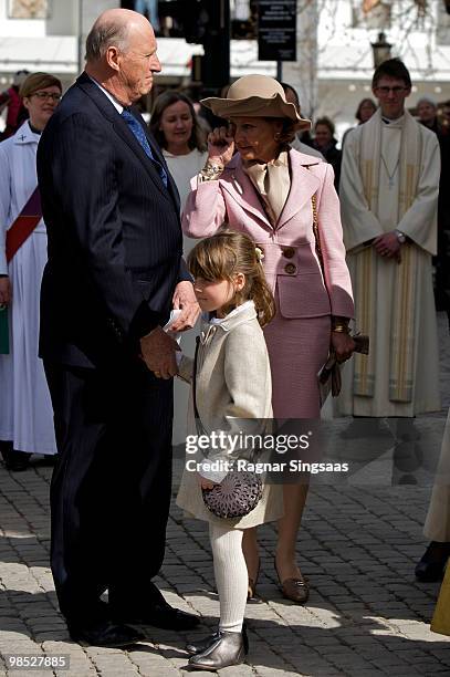 King Harald V of Norway, Princess Ingrid Alexandra of Norway and Queen Sonja of Norway attend the reopening of Oslo Cathedral, which has been closed...