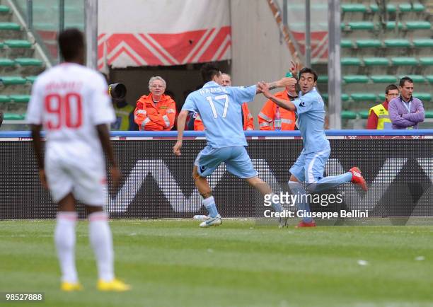 Ezequiel Lavezzi of Napoli celebrates after scoring the second goal during the Serie A match between AS Bari and SSC Napoli at Stadio San Nicola on...