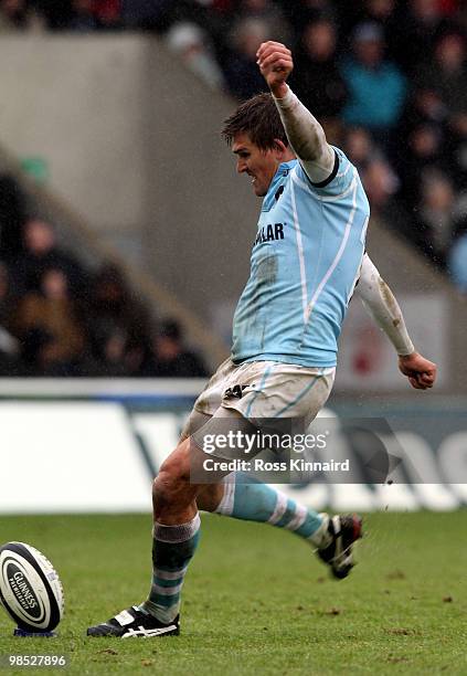 Toby Flood of Leicester kicks a conversion during the Guinness Premiership match between Newcstle Falcons and Leicester Tigers at Kingston Park on...