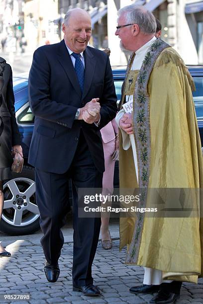 King Harald V of Norway and bishop Ole Christian Kvarme attend the reopening of Oslo Cathedral, which has been closed for renovation since 2006 on...