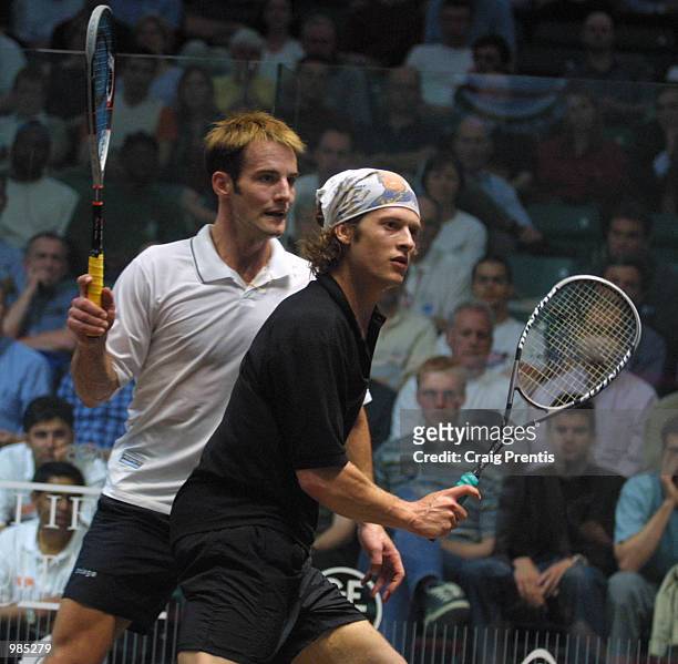 Jonathon Power of Canada in action during his match with Mark Chaloner of Englandin the Halifax Equitable Super Squash Finals at the Broadgate Arena,...