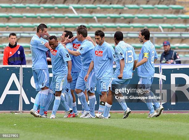 Napoli players celebrate Ezequiel Lavezzi's second goal during the Serie A match between AS Bari and SSC Napoli at Stadio San Nicola on April 18,...