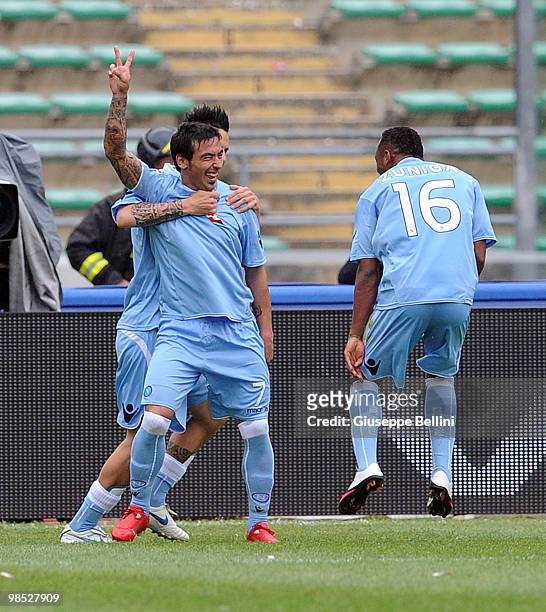 Ezequiel Lavezzi of Napoli celebrates after scoring the second goal during the Serie A match between AS Bari and SSC Napoli at Stadio San Nicola on...