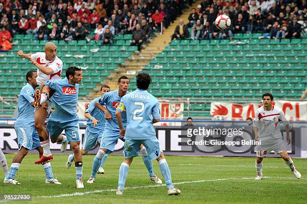 Sergio Almiron scores the goal during the Serie A match between AS Bari and SSC Napoli at Stadio San Nicola on April 18, 2010 in Bari, Italy.